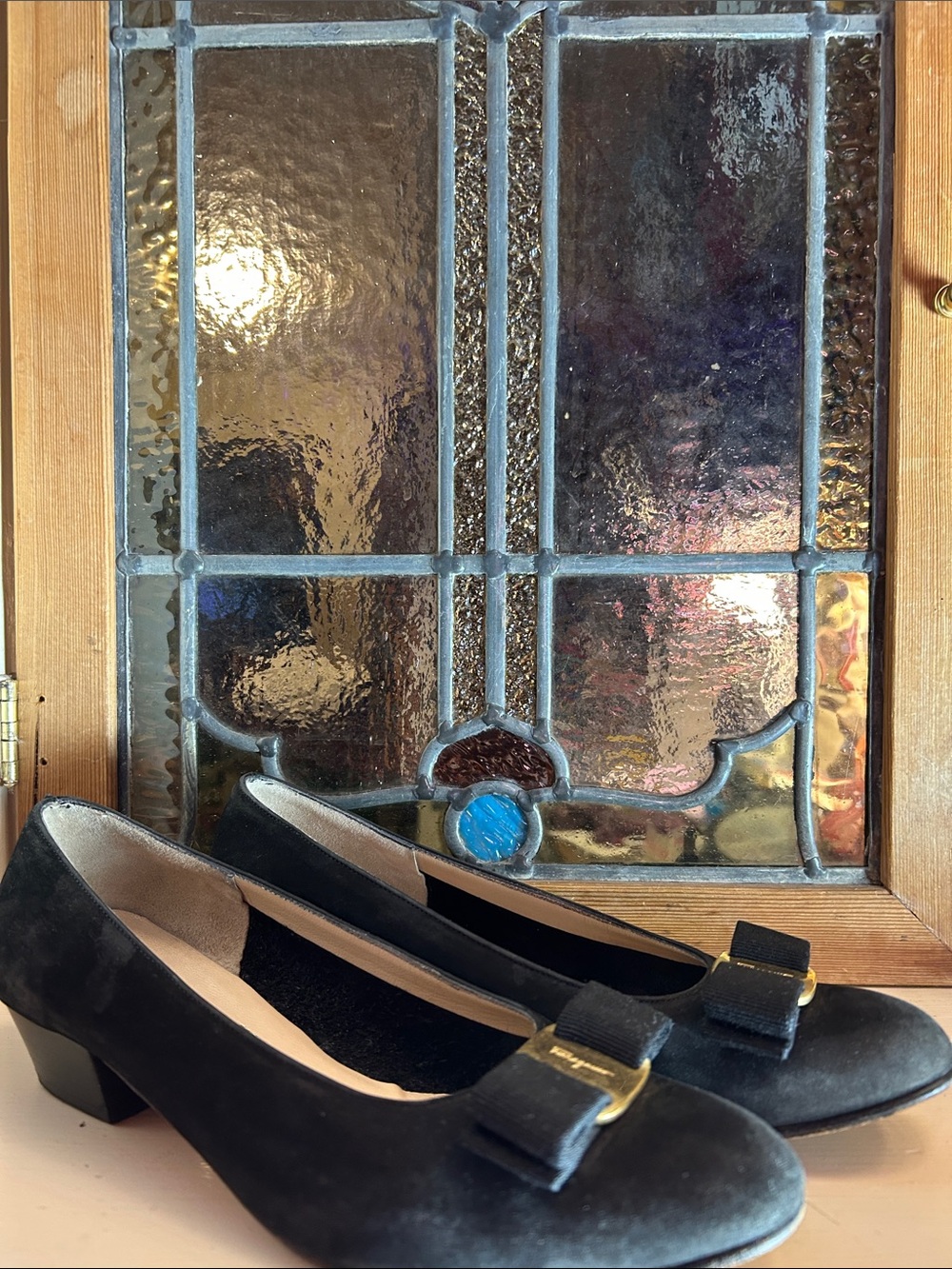 Salvatore Ferragamo Black Suede Bow Block Heel Pumps